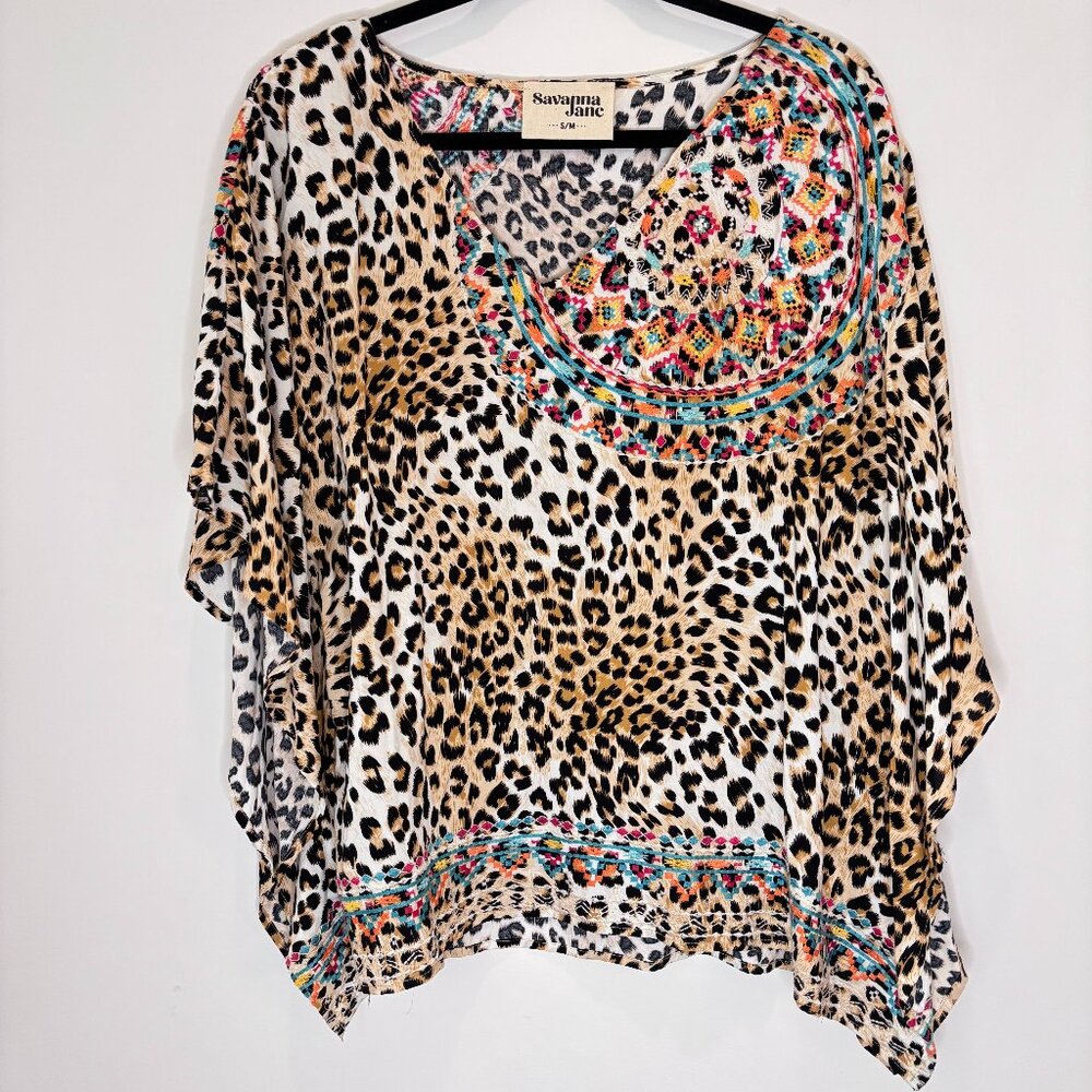 Savannah Jane Cheetah Print Boho Embroidered Oversized Top Size Small Medium b39